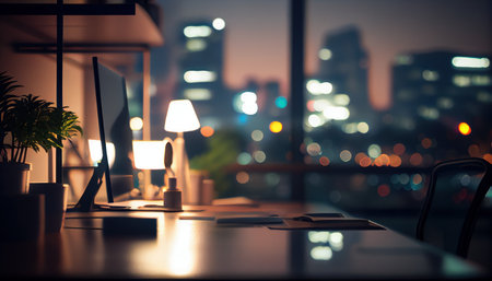 Modern office workstation with supplies and copy space on stylish table over blurred skyscraper night lights view in the background. Al generatedの素材