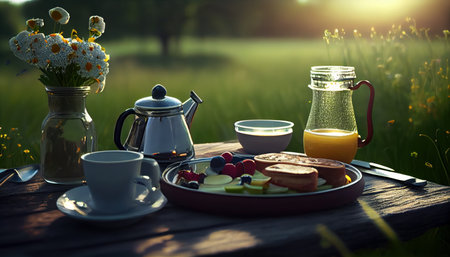 Healthy breakfast with fruits with a beautiful background of flowers and grass. Al generatedの素材