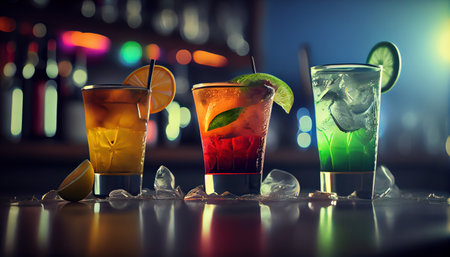 Cocktails drinks in bar with fruits on blurred background, realistic illustration. Al generatedの素材