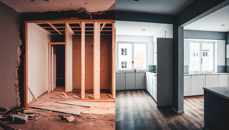 Before And After Of Modern Kitchen Apartment Room In Renovated House. AI generatedの素材