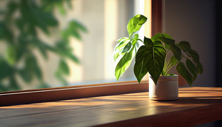 Wooden table on defocused spring window background. Al generatedの素材
