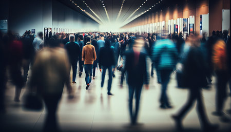 Business people in a subway tunnel. Background of an expo with blurred individuals. Al generatedの素材