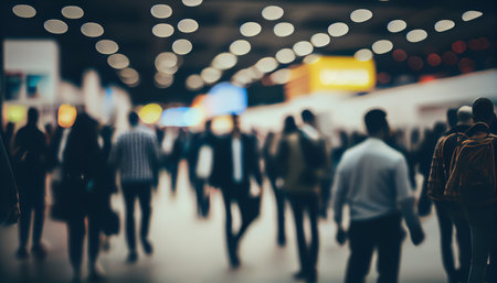 Business people in a subway tunnel. Background of an expo with blurred individuals. Al generatedの素材
