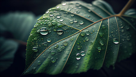 Close-up of a green leaf with raindrops realistic. Al generatedの素材