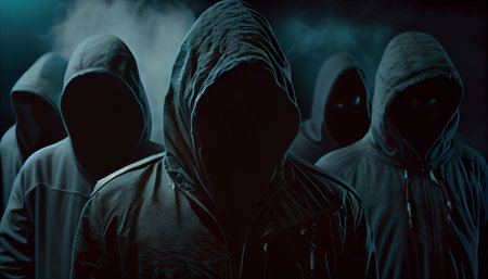 Hacker army. Dangerous hooded group of hackers. Internet, cyber crime, cyber attack, system breaking and malware concept. dark face. Anonymous. AI generated illustrationの素材