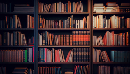 Rows of books on shelves in a library. Developing space. Al generated illustrationの素材