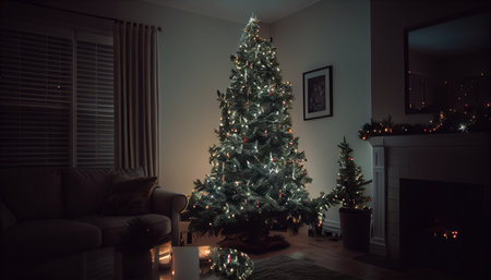 Atmospheric living room with a Christmas tree, decorations, garlands. Al generatedの素材