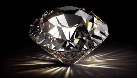 3D rendering illustration. Round cut diamond on black dark glossy background, caustics rays, high details, Al generated illustrationの素材