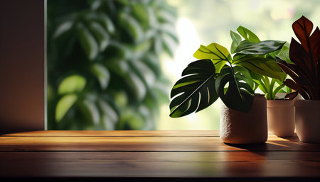 Wooden table on defocused spring window background. Al generatedの素材