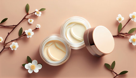 Cosmetic natural cream in jars over pastel beige background with flowers. Al generated illustrationの素材