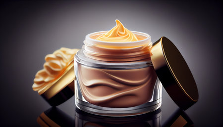 Cosmetic cream in a jar cosmetic product skincare on a black background. Al generated illustrationの素材