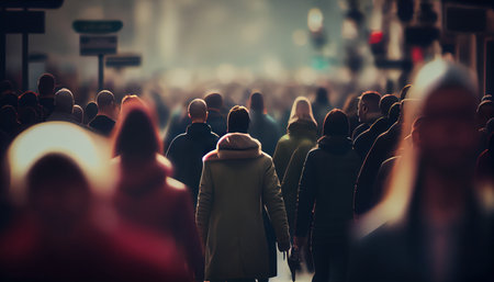 Crowd of people walking street realistic isolated, blurred background. Al generatedの素材