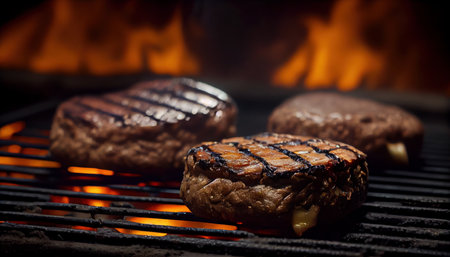 Fire-grilled beef or pork steak to make a hamburger. Realistic illustration. Al generatedの素材