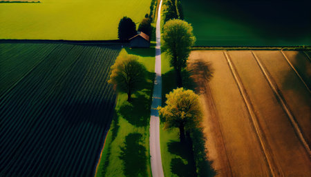 Beautiful view of the farm from the height of the field with tres and plants. Al generatedの素材