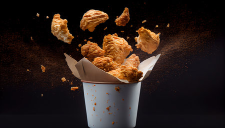 Fried crispy chicken flying out of a white paper bucket on a black background. Al generatedの素材