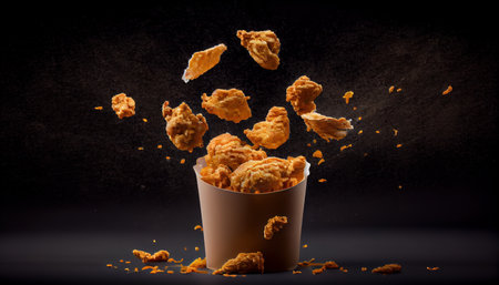 Fried crispy chicken flying out of a white paper bucket on a black background. Al generatedの素材