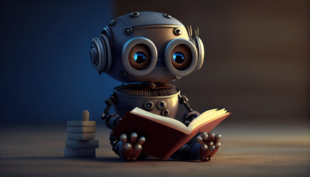 Cute robot with beautiful eyes reading a book cartoon illustration on blurred background with stones and leaves. Al generatedの素材