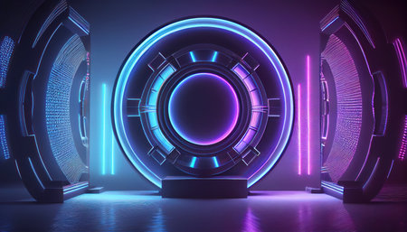 Purple empty scene with blue line neon lamps on background and pink digital podium with hologram of digital rings in dark room. AI generatedの素材