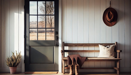 Atmospheric farmhouse with white wall, gray door, wooden bench and potted plants. Al generatedの素材