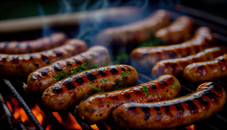 Realistic close-up illustration of grilled sausages with fire. fast food. Al generatedの素材