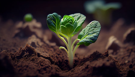 green cabbage. In soil a cabbage sprout is sprouting. Realistic illustration. Al generatedの素材