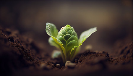 green cabbage. In soil a cabbage sprout is sprouting. Realistic illustration. Al generatedの素材