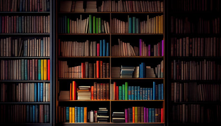 Rows of books on shelves in a library. Developing space. Al generated illustrationの素材
