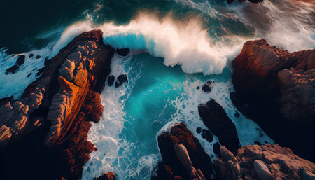 Aerial view of the ocean waves crashing on the rocky shore.の素材