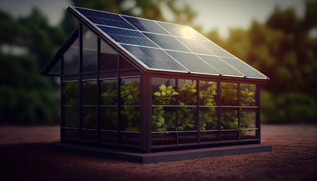 3D realistic illustration green house energy solar energy panel and trees and plants. Al generatedの素材