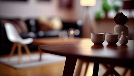 Wood tabletop blurred modern coxy living room. Al generated illustrationの素材