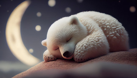 White baby bear sleeping on half moon choldrens stor. Al generated ILLUSTRATIONの素材