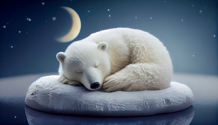 White baby bear sleeping on half moon choldrens stor. Al generated ILLUSTRATIONの素材