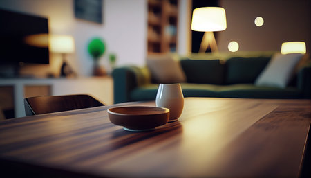 Wood tabletop blurred modern coxy living room. Al generated illustrationの素材