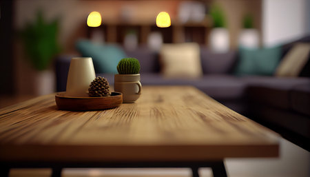 Wood tabletop blurred modern coxy living room. Al generated illustrationの素材