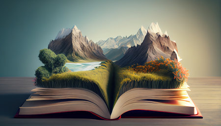Open book generating a marvelous fantasy landscape. Al generated illustrationの素材