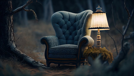 Soft chair in the woods with a lamp a quiet place. Al generated illustrationの素材