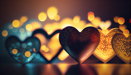 Shiny hearts bokeh light Valentines day background. Al generated illustrationの素材