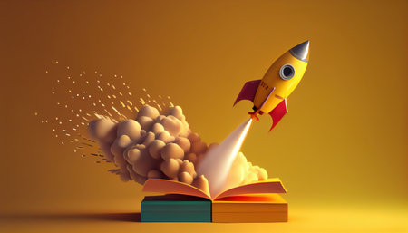 On a yellow background a toy rocket launches from the book. Al generatedの素材
