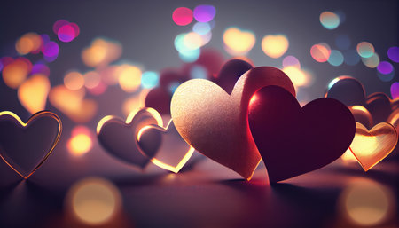 Shiny hearts bokeh light Valentines day background. Al generated illustrationの素材