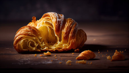 Fresh crispy croissant on the table close-up. Al generated illustration.の素材