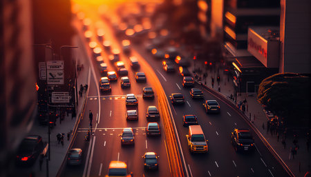 Abstract background of moving cars in the city top view. Al generated illustration.の素材