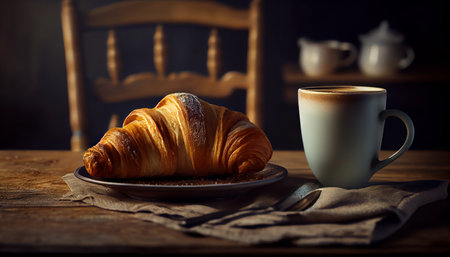 Croissant with coffee cup on dark background. Al generated illustration.の素材