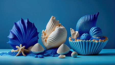 Abstract sea composition, seashells and seaweed summer background. Al generated illustration.の素材