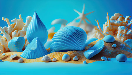 Abstract sea composition, seashells and seaweed summer background. Al generated illustration.の素材