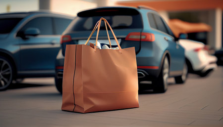 Craft bags with purchases on the background of an open car trunk. Al generated illustration.の素材