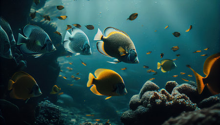 The underwater world with fish and plants. Al generated illustration.の素材