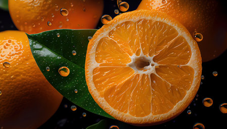 Background from ripe colorful orange with splashes of water. Al generated illustration.の素材