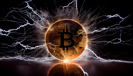 Cryptocurrency concept. Bitcoin close up. Al generated illustration.の素材