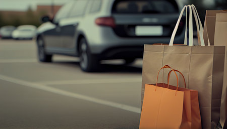 Craft bags with purchases on the background of an open car trunk. Al generated illustration.の素材