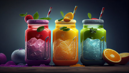 Set of colorful smoothies on bright background. Al generated illustration.の素材